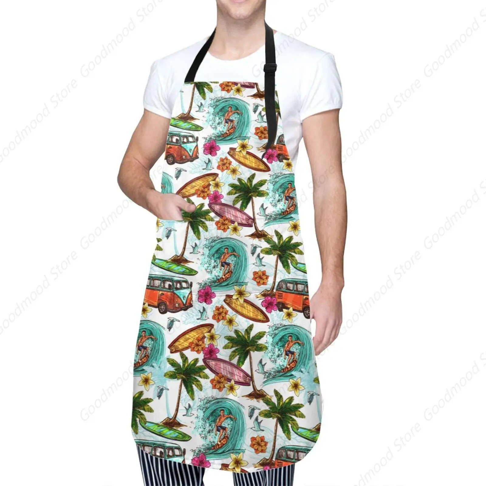 Hawaiian Surfer Bib Apron for Women with 2 Pockets Retro Palm Trees Flowers Adjustable Funny Waterdrop Resistant Chef Cooking