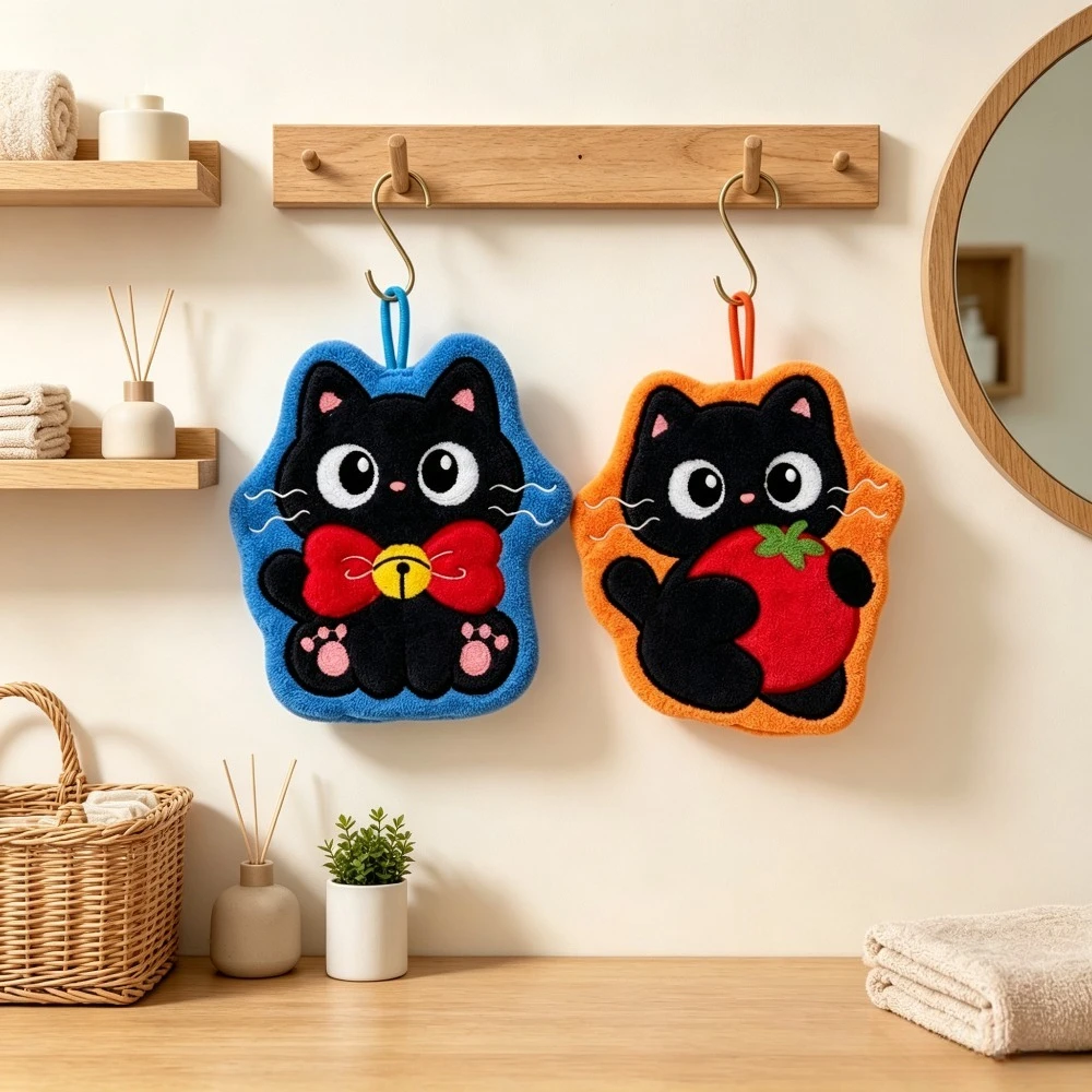 2-Pack of Cute Cartoon Hanging Hand Towels, Christmas Gifts, Soft Absorbent Towels with Bowknot, Bell, Black Cat and Tomato-Shaped Designs, Reusable Hanging Towel with Loop for Home Use, Cute Decorative Hand Towels, Suitable for Bathroom, Kitchen, and Household Daily Use