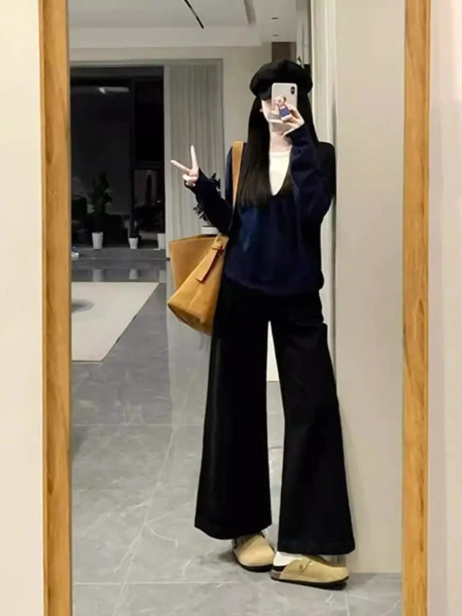 Luxury Navy Blue Fake Two-Piece Sweater Knitted Sweater for Women New Style Early Autumn Lazy Style Long Sleeved French Top XT45