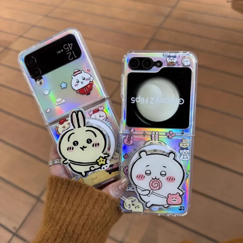 Hot Chiikawa Usagi Magnetic Phone Case with Laser Card for Samsung Galaxy Z Flip 7 6 5 for W25 W24 W23 Flip Anti Drop Soft Grip