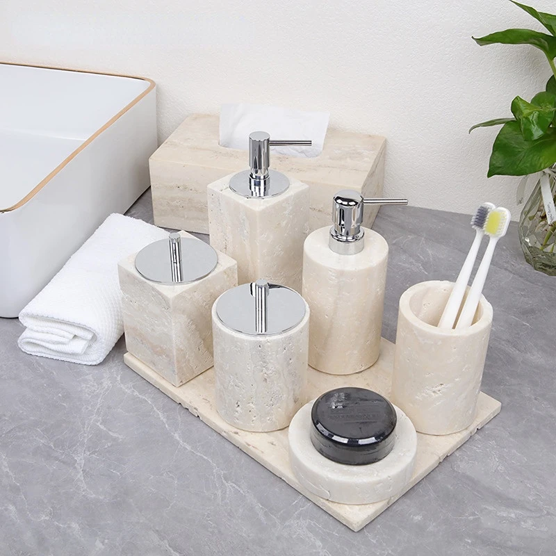 Support customization Wabi-sabi Wind Travertine Washroom Set Bathroom Set Natural Marble Stone Tray Storage Shooting Props