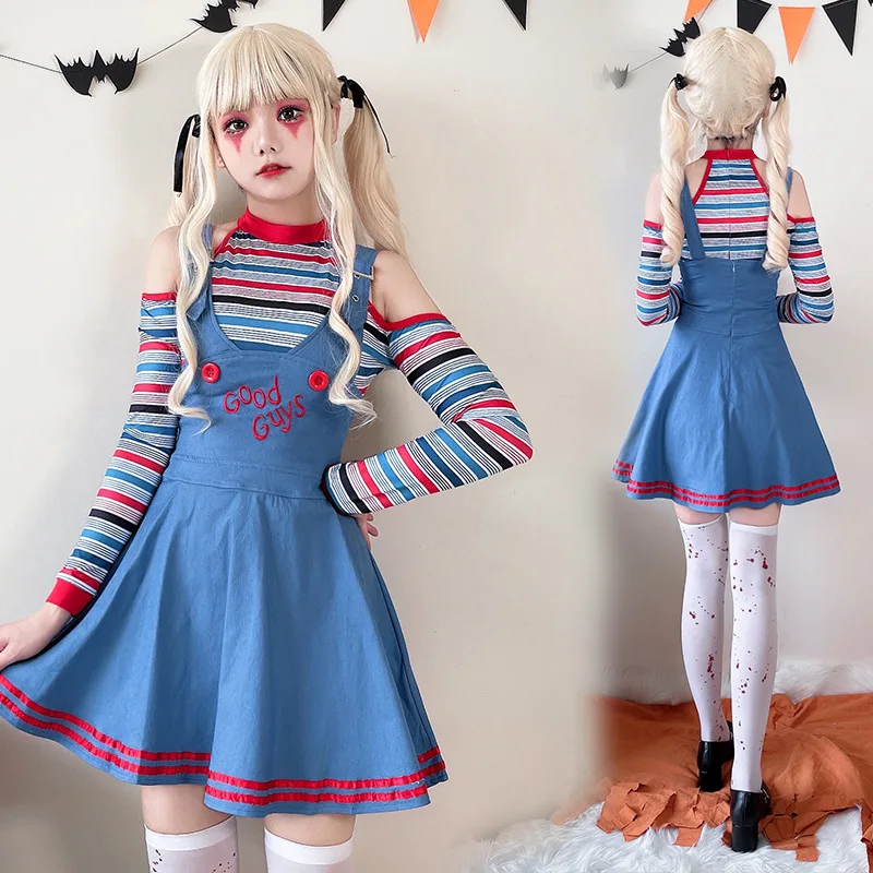 

Circus Clown Costume Horror Ghost Stripe Dress For Girls Kids Fancy Blue Dress Carnival Christmas Maid Girls Ghost Doll Clothes