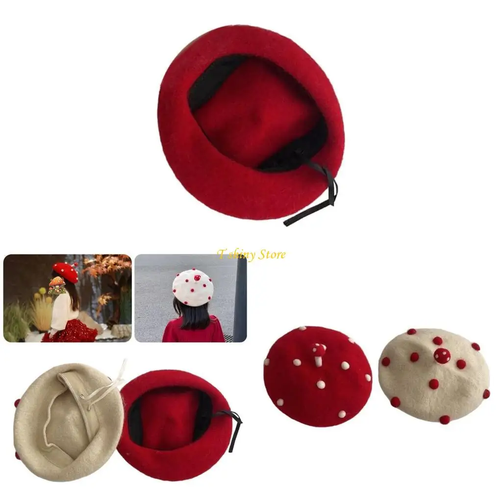 

N58F Lovely Mushroom Hat for Parent Kids Fashion Autumn Winter Travel Hat for Daily Wear French Chapeau Artist Dome Hat