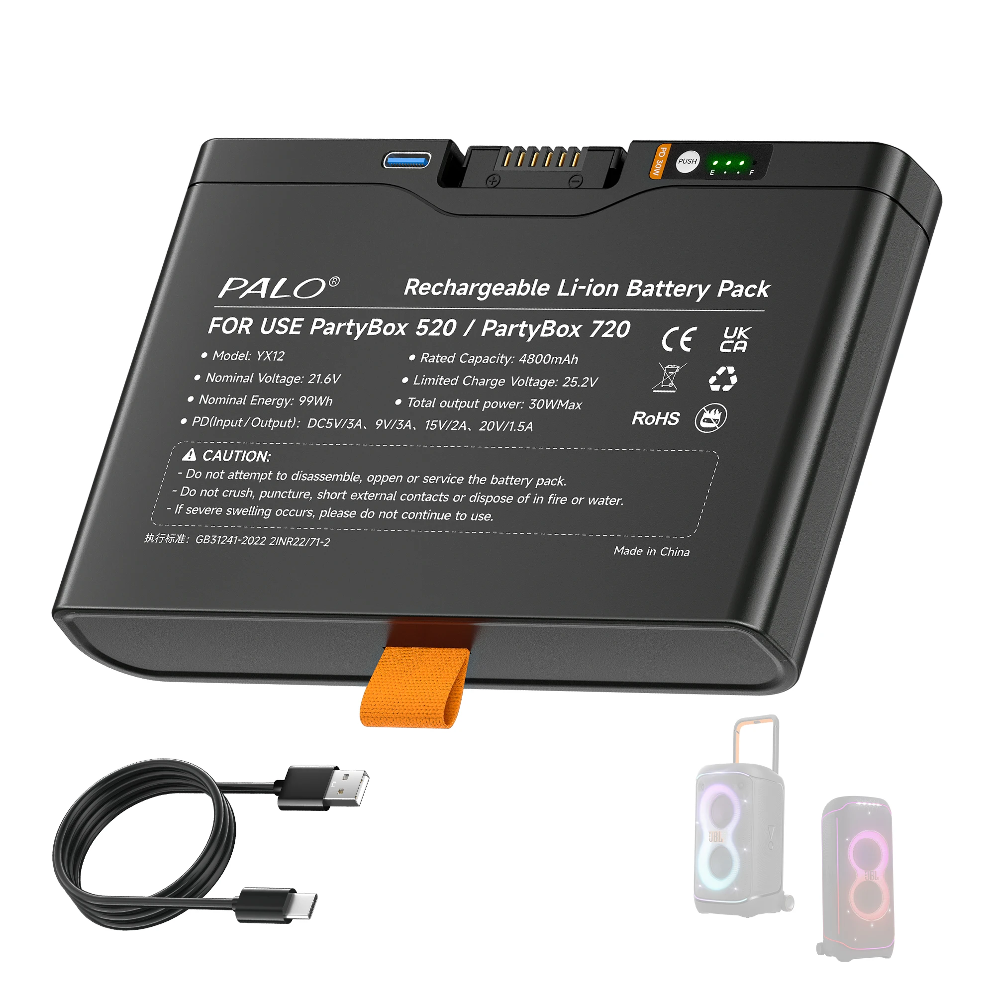 PALO 4800mAh Oplaadbare Speaker Batterij voor JBL PartyBox Stage 520 / 720 / Boombox 4 Batterij met TYPE-C PD Snellaadpoort