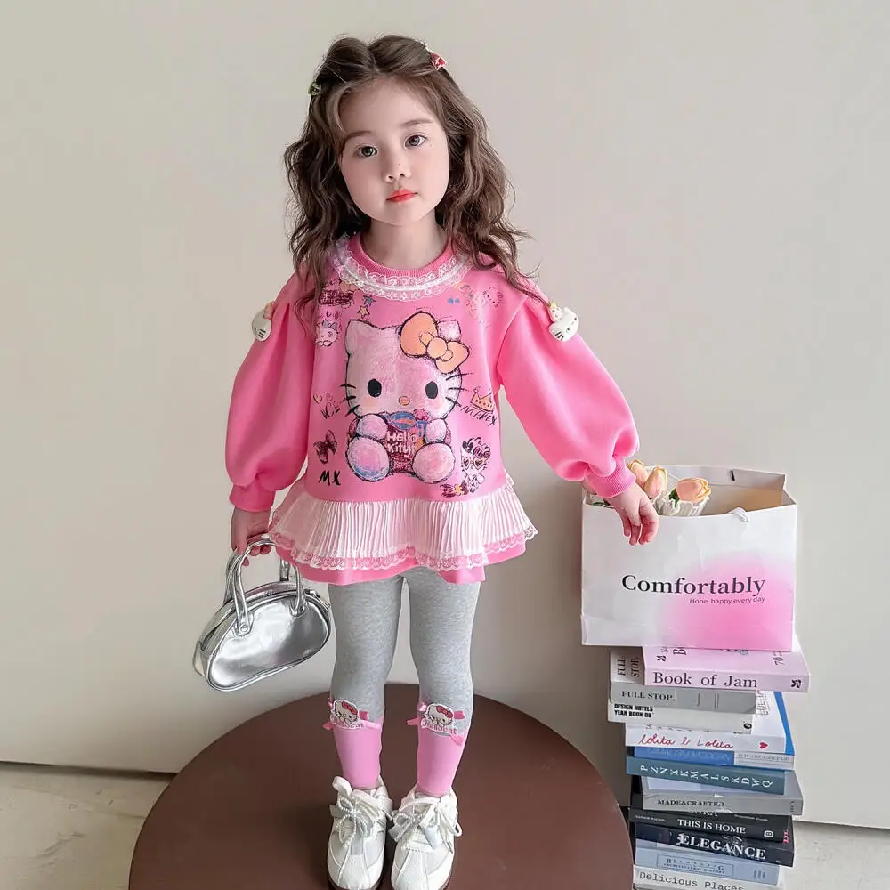 

Комплект из 2 предметов: модный осенний свитер с кружевом и принтом Hello Kitty для девочек, коллекция Весна 2026, в западном стиле, для принцесс