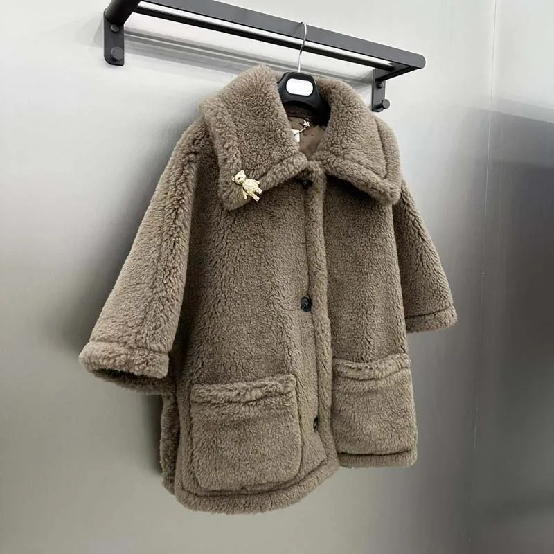 Winter Clothes Women 2024 New Fashion Short Length Teddy Bear Cape Style Sheep Wool Alpaca Silk Single Breasted