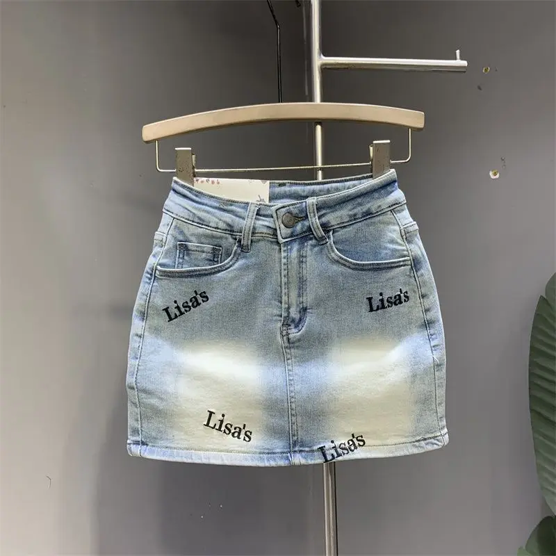 Mini Skirt Letter Embroidery Slim Wash With Water For Women 2024 Y2k Summer New Korean Denim Wrap Hip Short Skirts