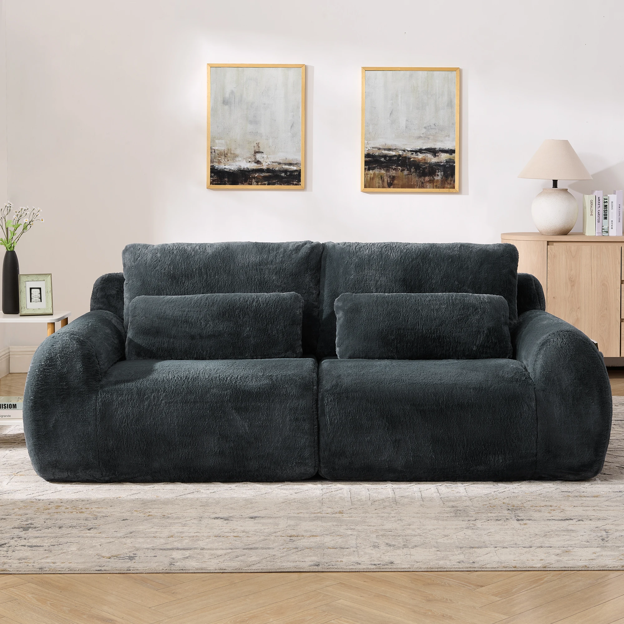 Sofá recto de 2 plazas: USB, bolsillo lateral, sin estructura, para pequeño salón/habitación, espuma-gris