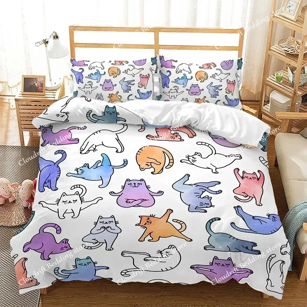 

Cute Cat Bedding Set Soft Microfiber Bed Linen with Pillowcases Queen King Single Size Animals Duvet Cover Set