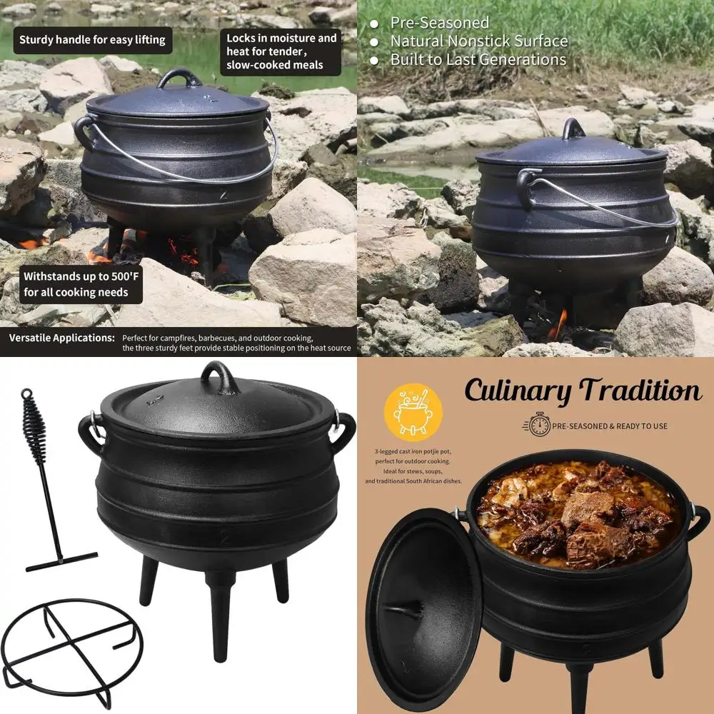 

3-Legged Pre-Seasoned 6 Qt Cast Iron Potjie Cauldron with Lid Lifter and Holder for Outdoor Dutch Oven Cooking