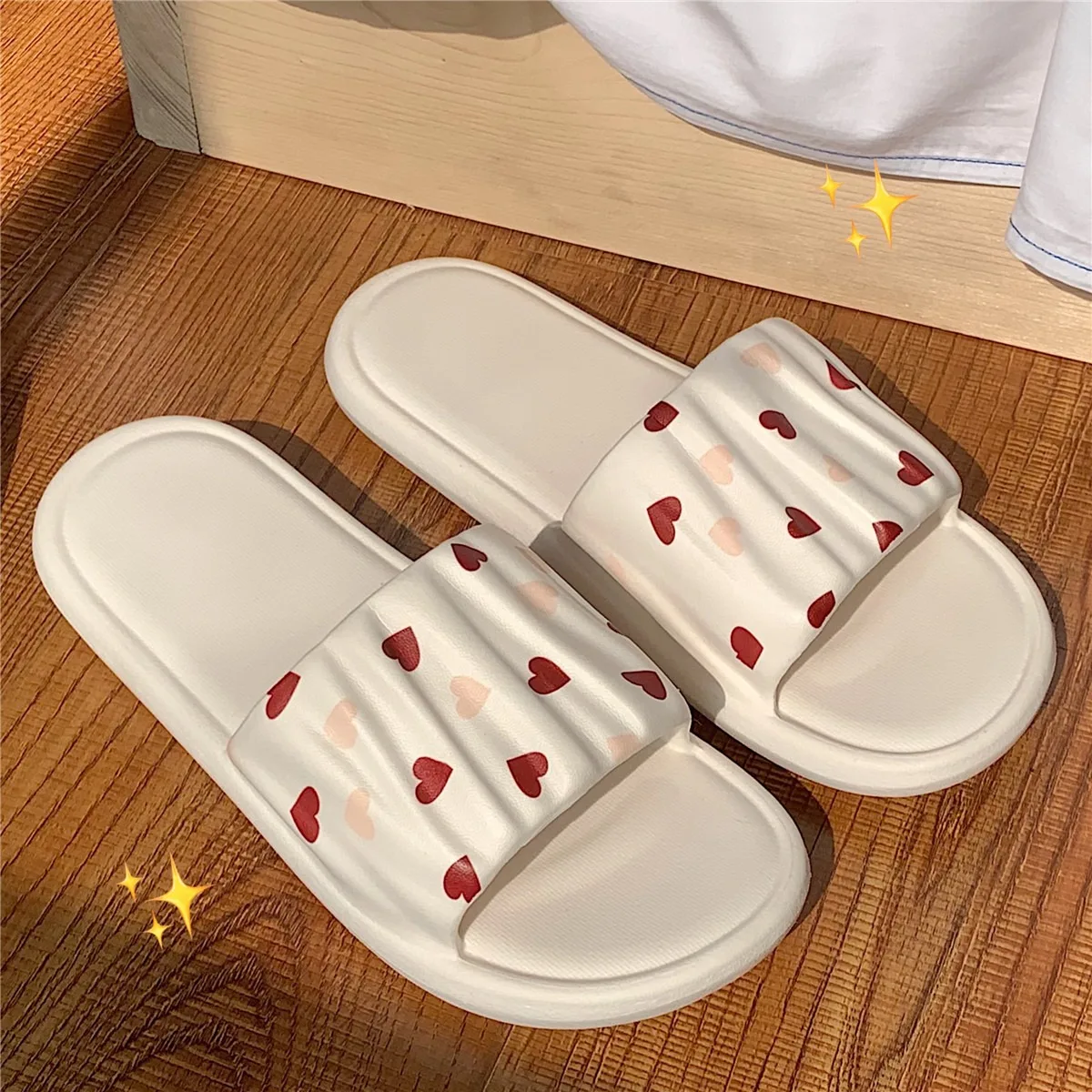 

Women House BathSlippers Casual Fashion Pleated Design Sweet Heart-shaped White Black Pink Summer Indoor Non-slip Soft Soles New