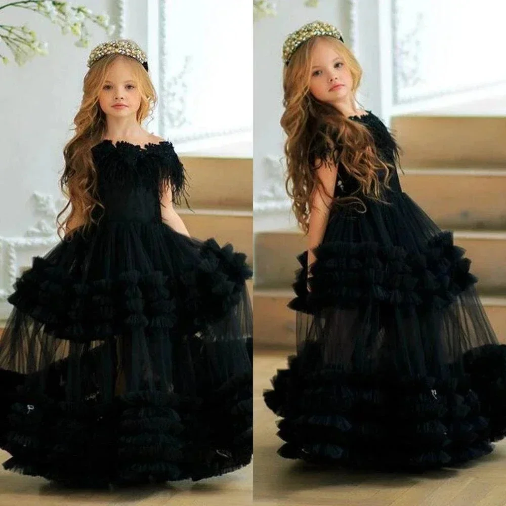 Black Flower Girls Dresses For Wedding Puffy Sheer Neck Tiered Tulle Lilttle Birthday Pageant Party Communion Ball Gown Custom