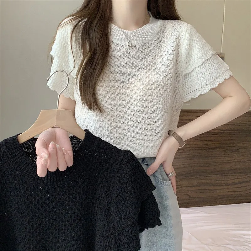 2023 Spring Summer women sweater Korean thin matching loose short-sleeved pullover Knitwear Hollow sweater NS5661