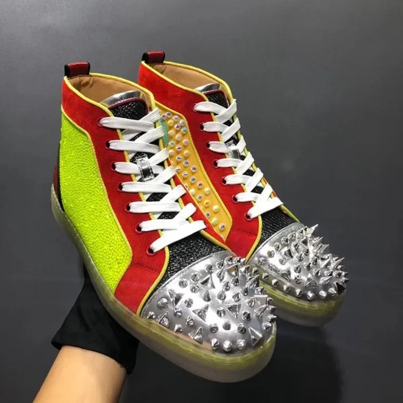 

High Top Yellow Crystal Real Leather Red Bottom Shoes Diamond Rivet Men Casual Flats Loafers Wedding Sneaker Couple Women Spikes