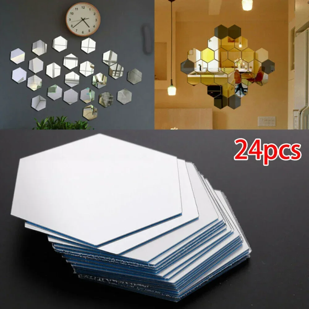 ​24pcs 3D Hexagon Mirror Sheets Flexible Removable Self Adhesive Mirror Wall Stickers Home Living Room Bedroom Wall Decoration