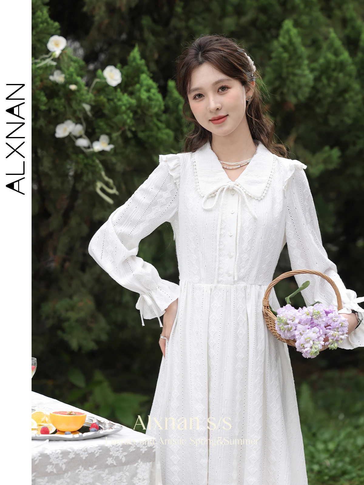 ALXNAN Women Elegant Chic White Dress 2024 Spring Frenchy Double Layer Hem Tie Front Long Sleeve Midi Dresses Clothing L33517