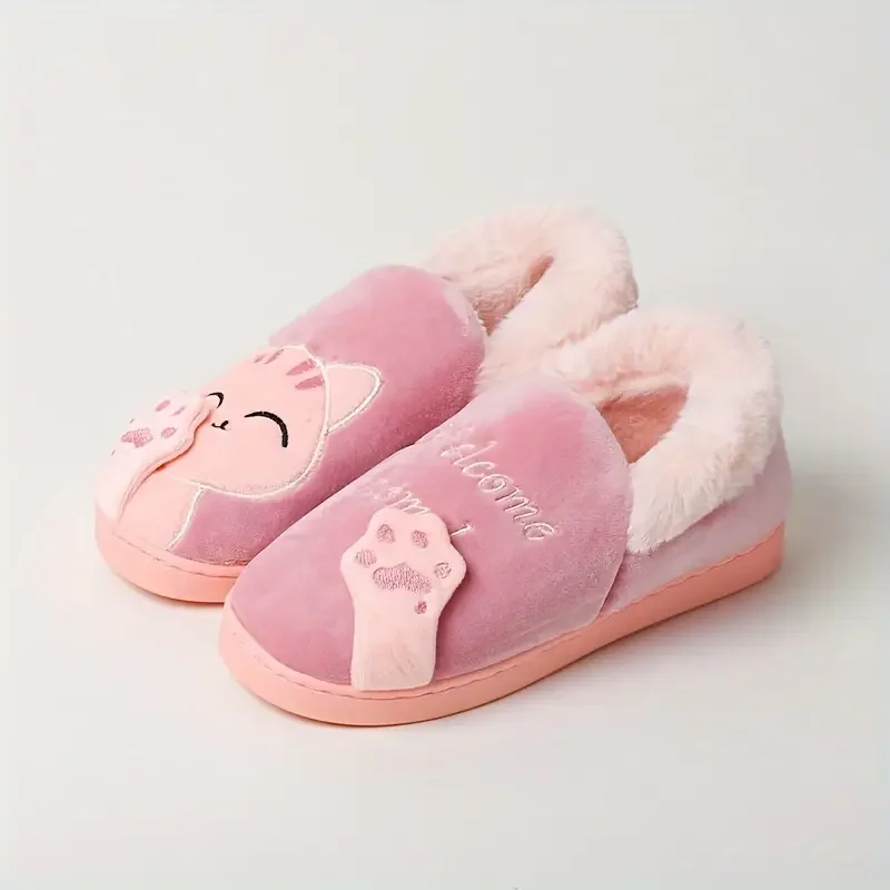 Cute Home Slippers Women Furry Short Plush Cartoon Cat House Shoes Woman Non-slip Soft Winter Warm Indoor Bedroom Men Couples