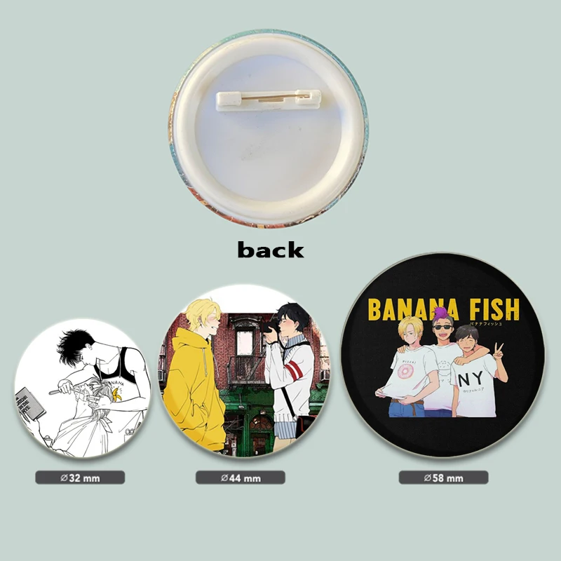 58/44/32MM TV Animation Banana Fish Tinplate Soft Button Brooch Icon Creative Badge Snap-in Button Pins Brooches for Clothes Bag