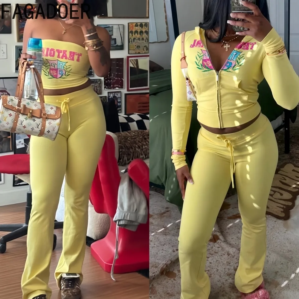 

FAGADOER Fashion Letter Printing 2 Piece Sets Woman Outfit Zip Crop Hooded Top +tube + Pants Suits Female Streetwear Clothing