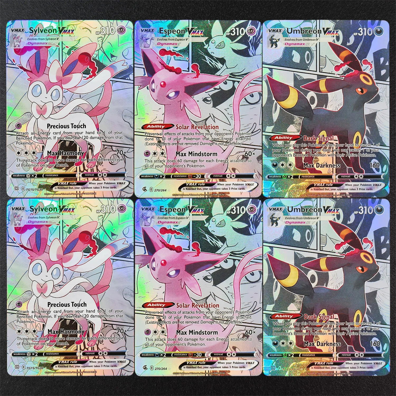 Selbstgemachtes Spielkarten-Spielzeug im englischen Manga-Stil: Umbreon, Espeon, Sylveon, Eevee, Vaporeon, Flareon, Leafeon, Glaceon, Jolteon