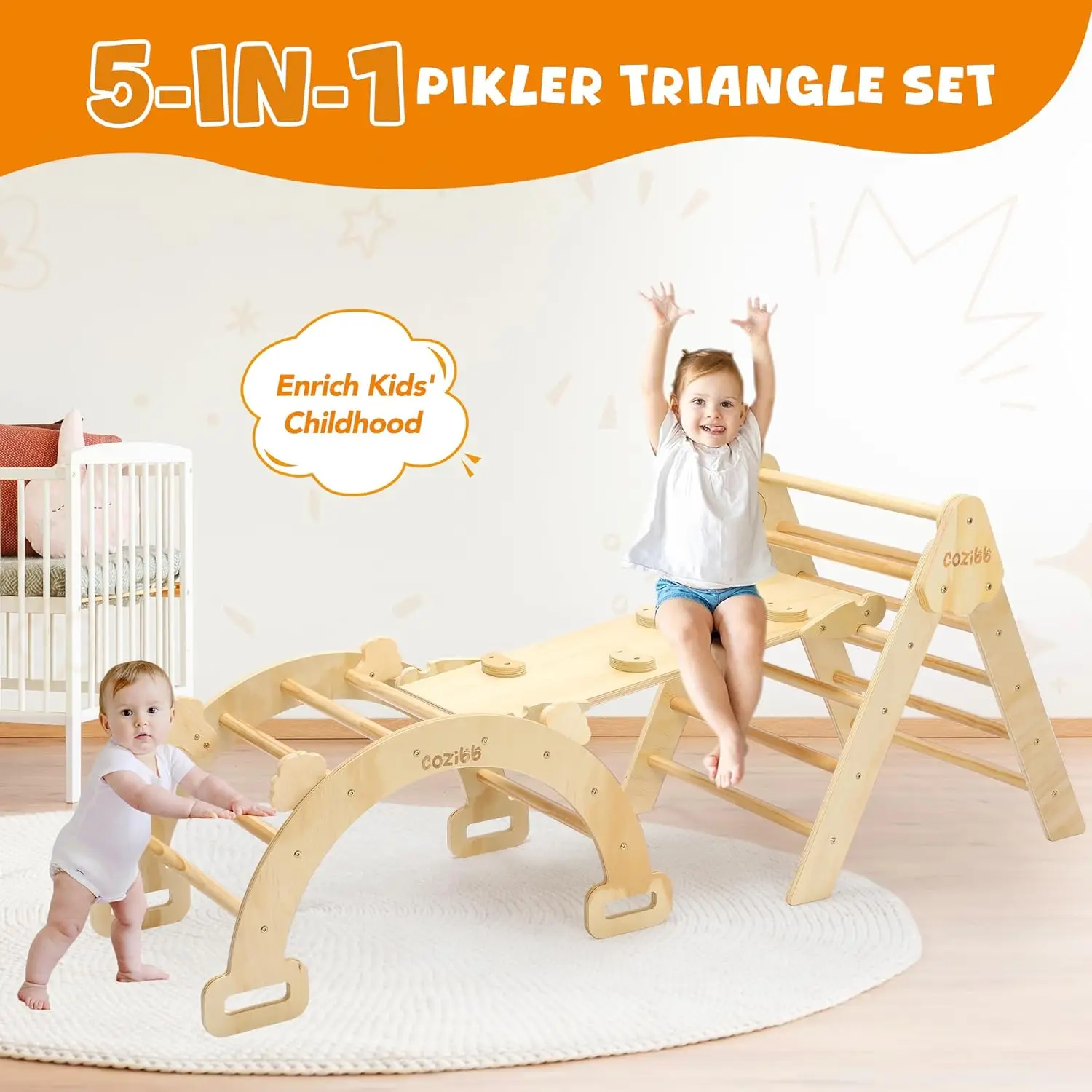 Pikler Triangle Set,Wooden Montessori Climbing Toys Baby Indoor Playground Gym, Foldable Indoor Climbing Toys with Ramp,