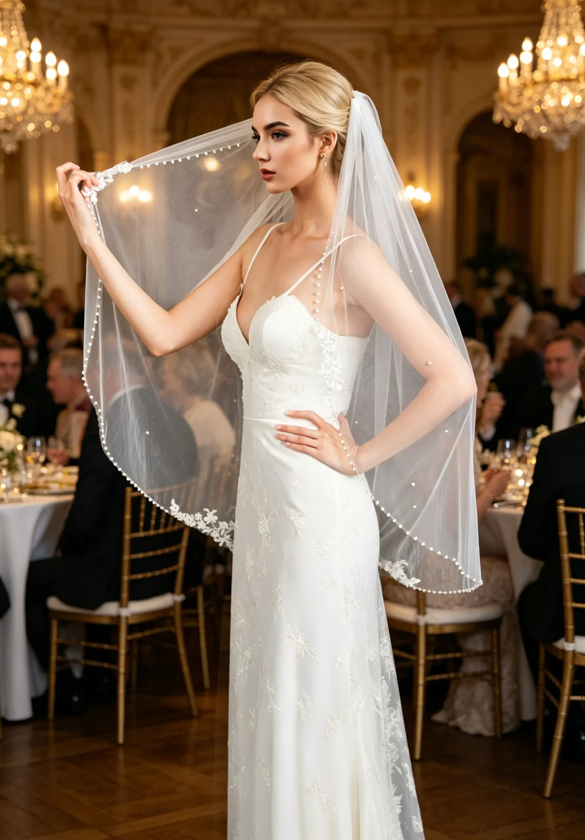 Modern Sophisticated Embroidered Lace Applique Wedding Veil with Beading Edge Luxury Accessory for Wedding Celebration G241