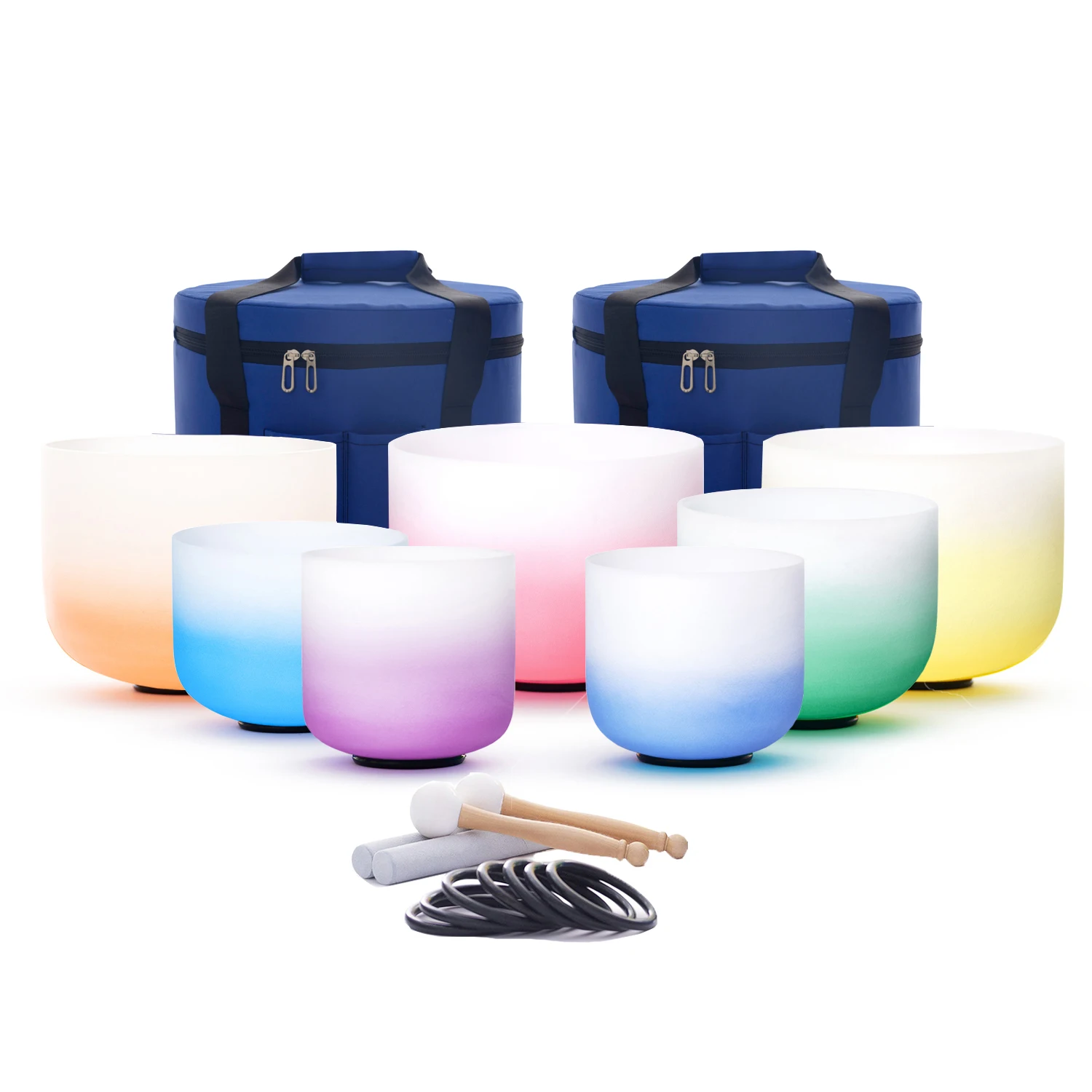 Hye-eun 6-12 Inch 7pcs 432HZ CDEFGAB Note Color Aria Gradient Frosted Quartz Crystal Singing Bowl Chakra Set with Carrying Case