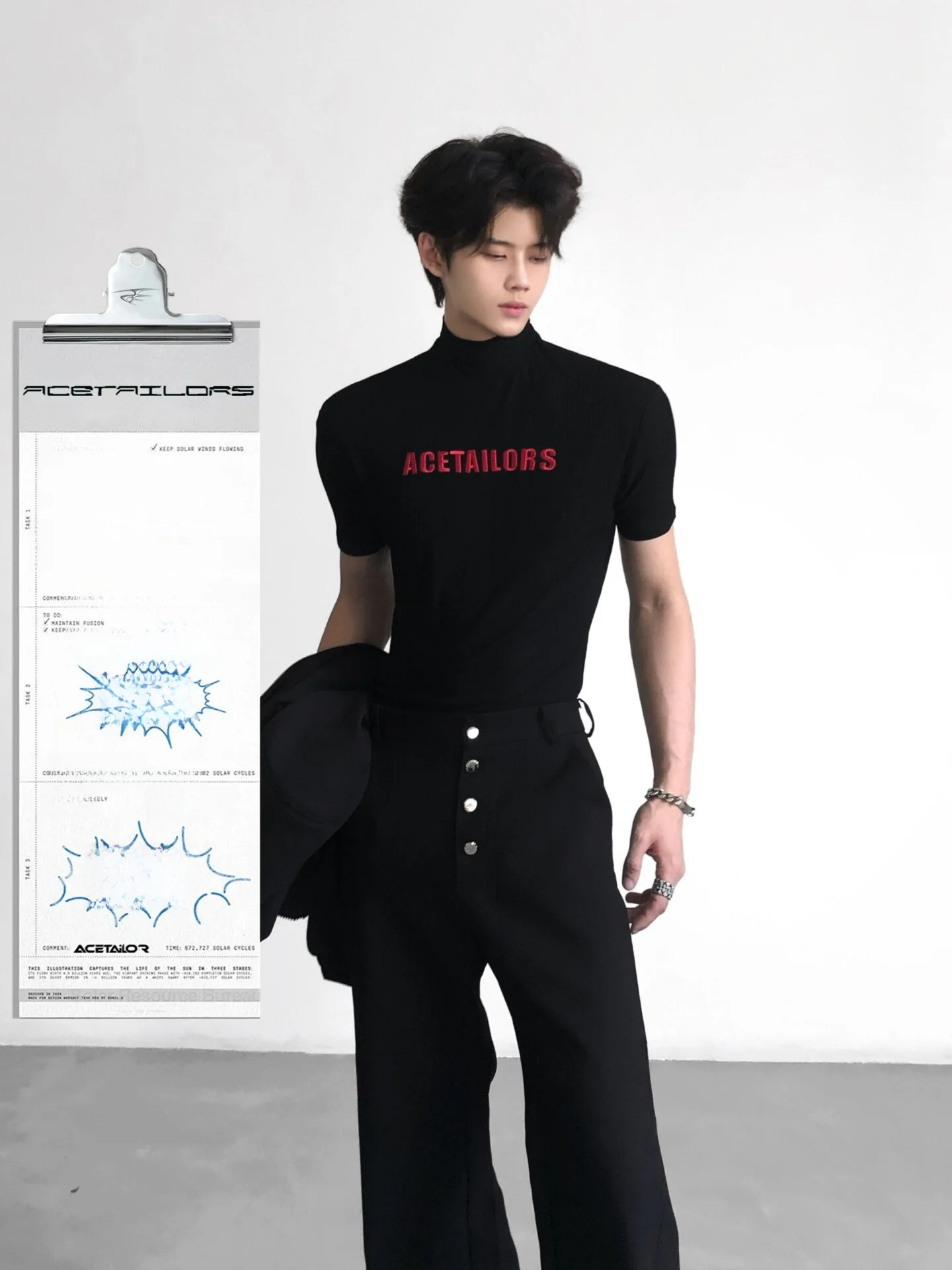 Ace Tailors Men's Slim Fit T-Shirt Embroidered Letter Half High Collar Short Sleeve Casual Fashion Breathable Comfortable