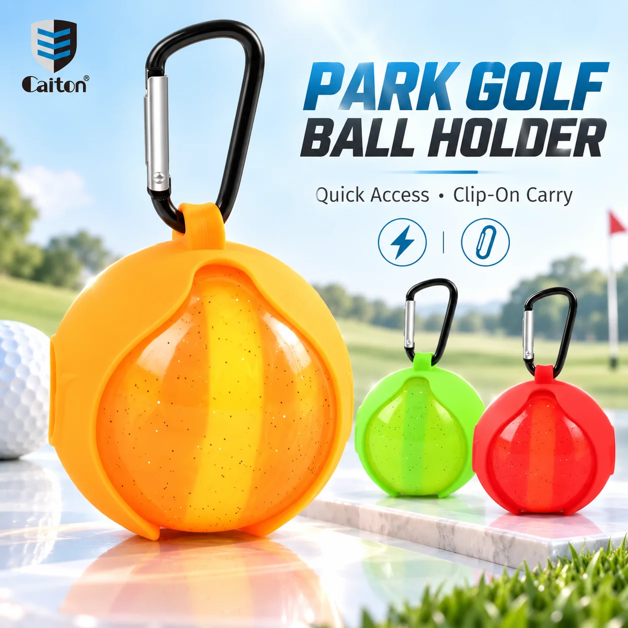Caiton Park Golf Ball Holder 6cm Silicone Ball Cover with Carabiner Clip Portable Golf Accessory for Bag Belt Outdoor Carry