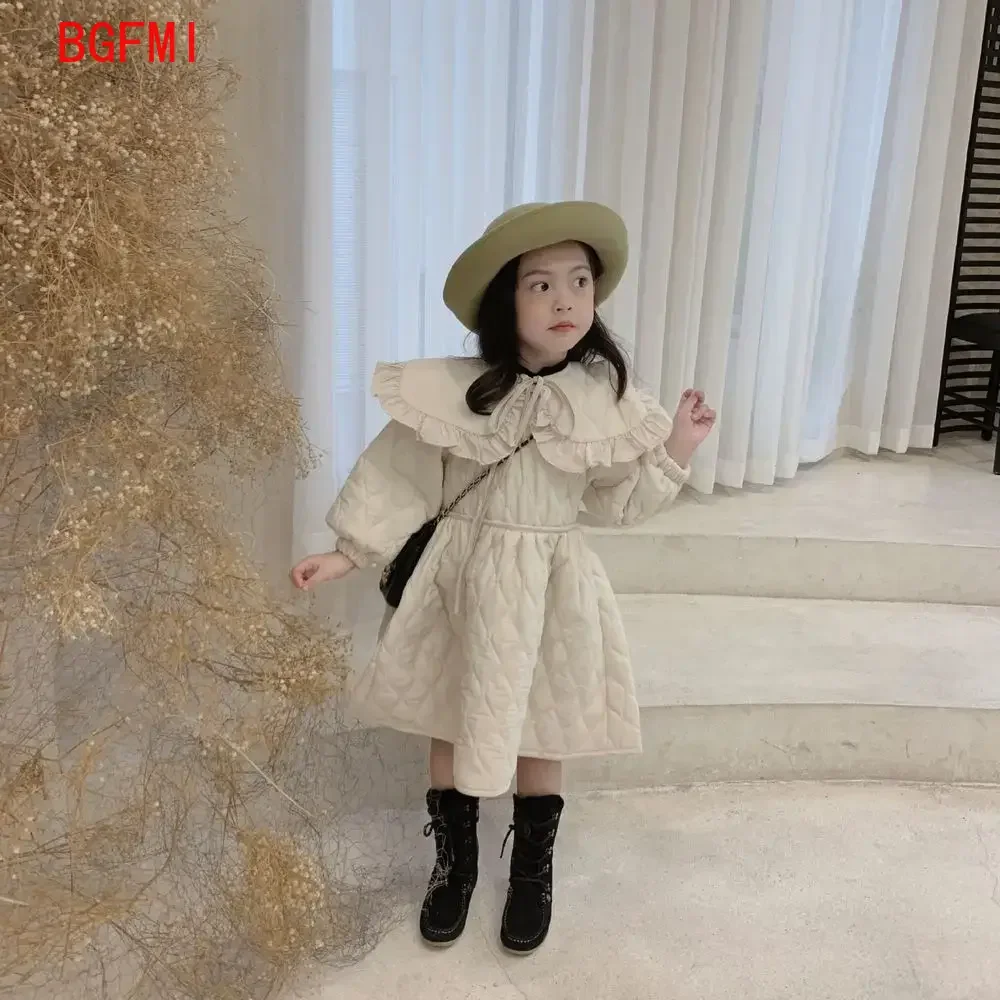 Teen Winter Girl Thick Dress A-line Knee Length Turn-down Collar Baby Girls Warm Clothes Solid Comfortable Sweet Fashion Robe