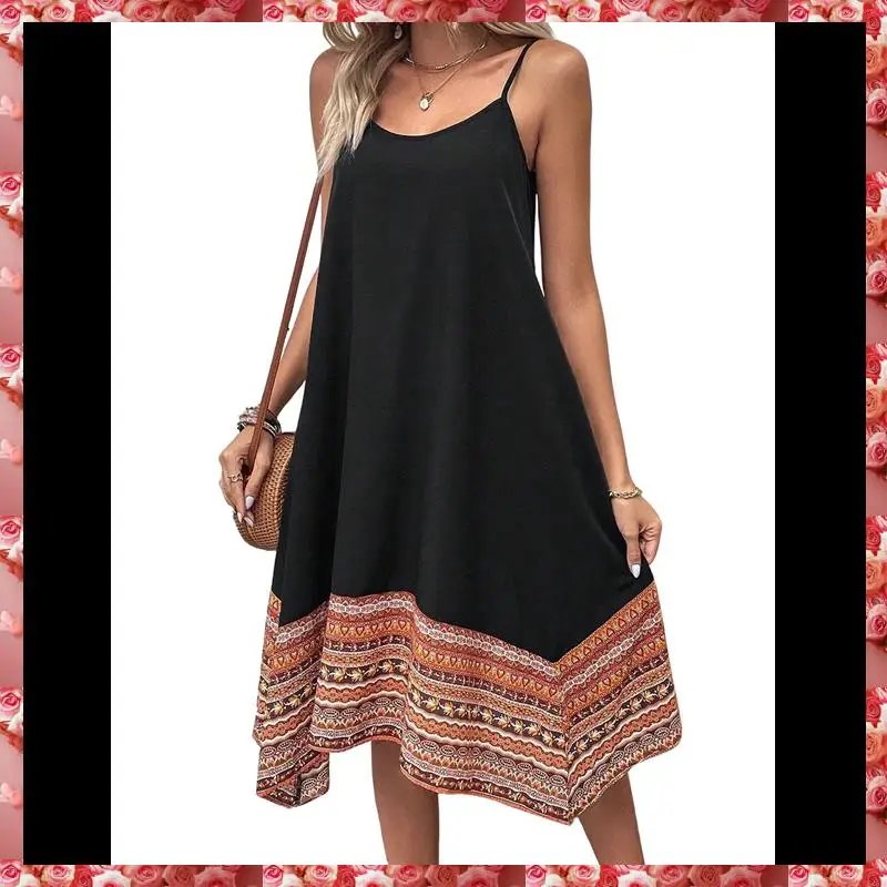 Długa sukienka damska w stylu boho Color Block Hawaii Flowy Spaghetti Strap Dresses