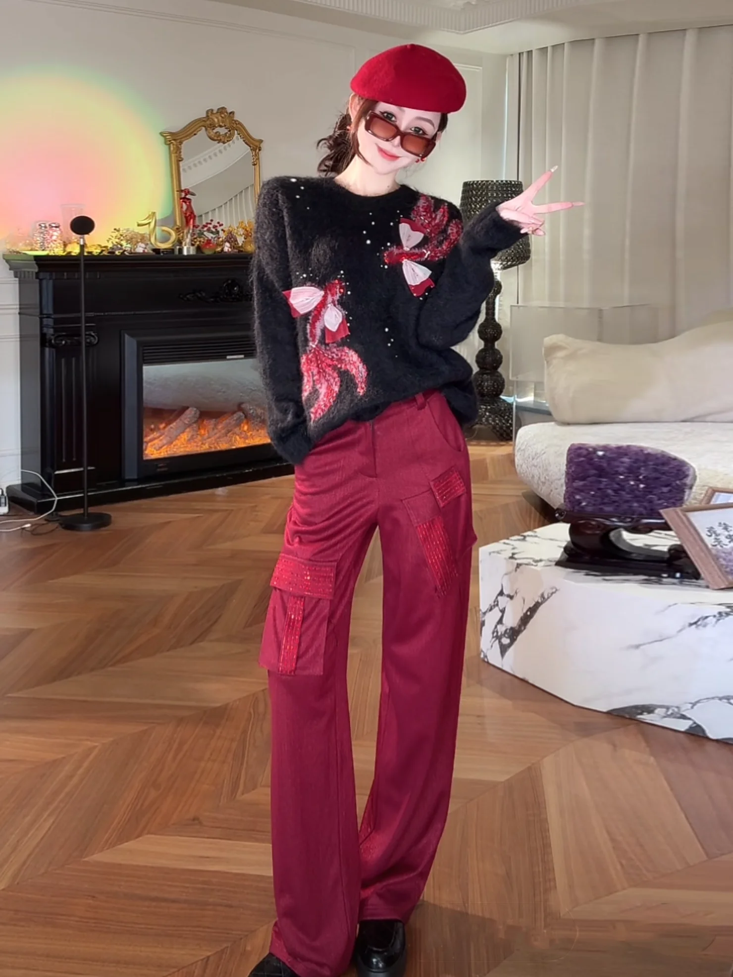 

Faionable Striped Straight Leg Workwear Pants with Rhinestone Patchwork Design Ele High Waist Cotton Blend Trousers