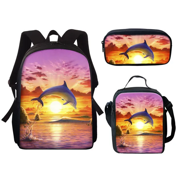 Hip Hop Harajuku Funny Dolphin 3 pz/set zaino 3D Print School Student Bookbag Travel Laptop Daypack Lunch Bags astuccio per matite