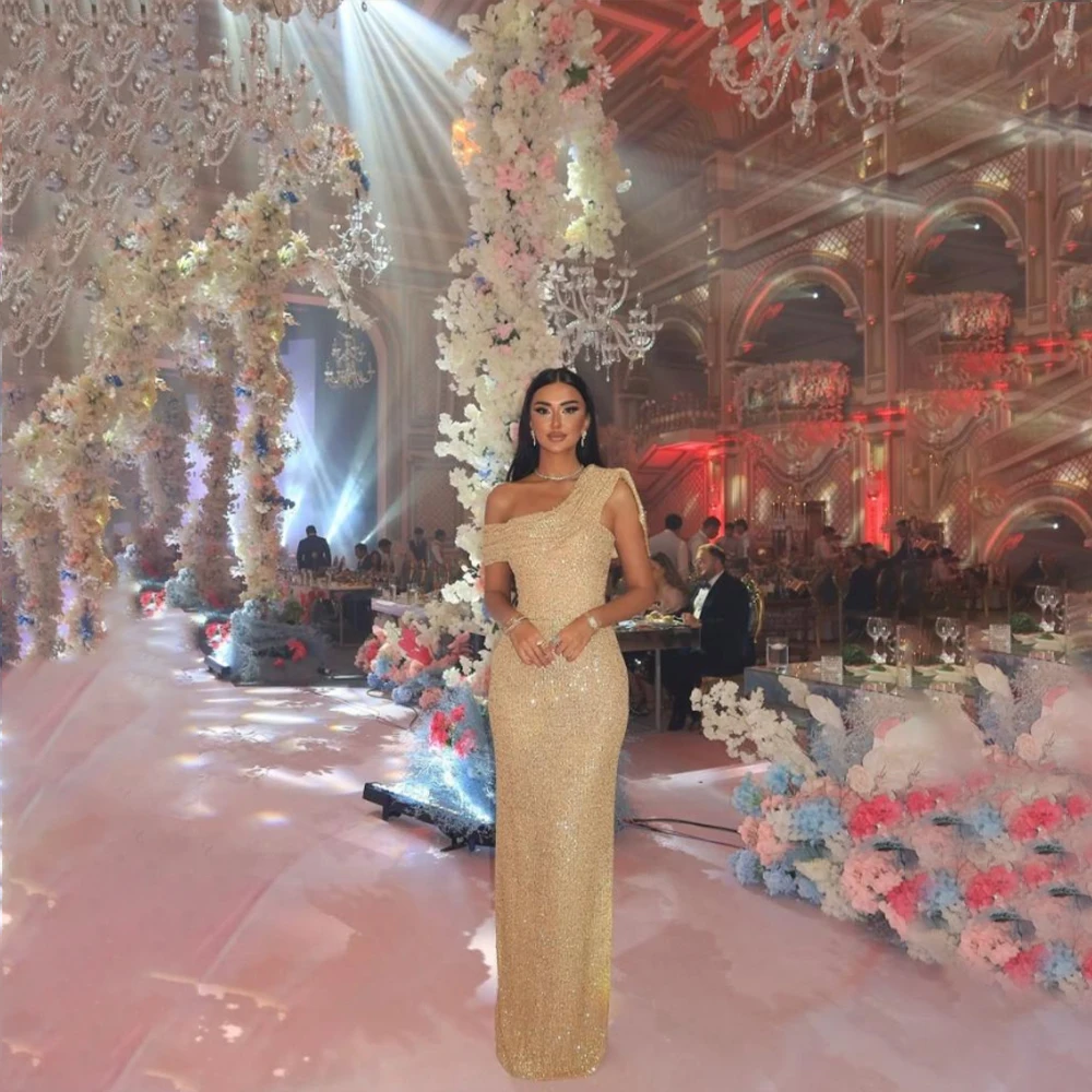 

Golden Prom Dresses One Shoulder Sleeveless Mermaid Evening Dress Elegant Wedding Guest Party Dress Customized robes de soirée