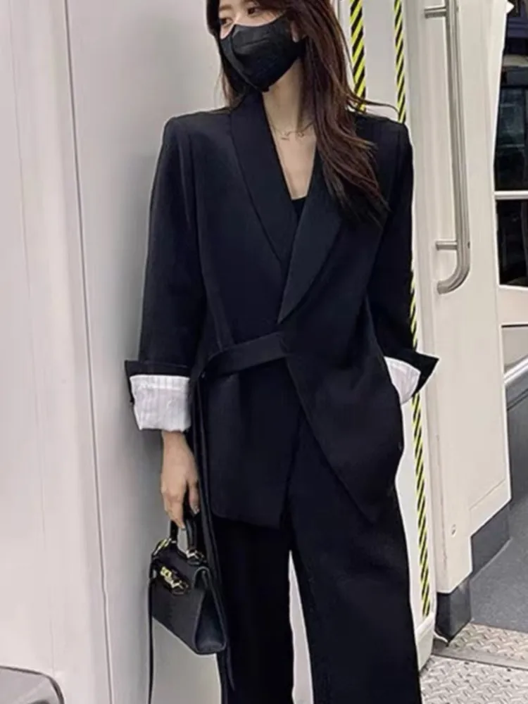 Office Lady Blazer Belt Pant Suits Women's Pantsuit Korean Version Notched Baggy Pants Summer Elegant Euality Chic Women Outfit