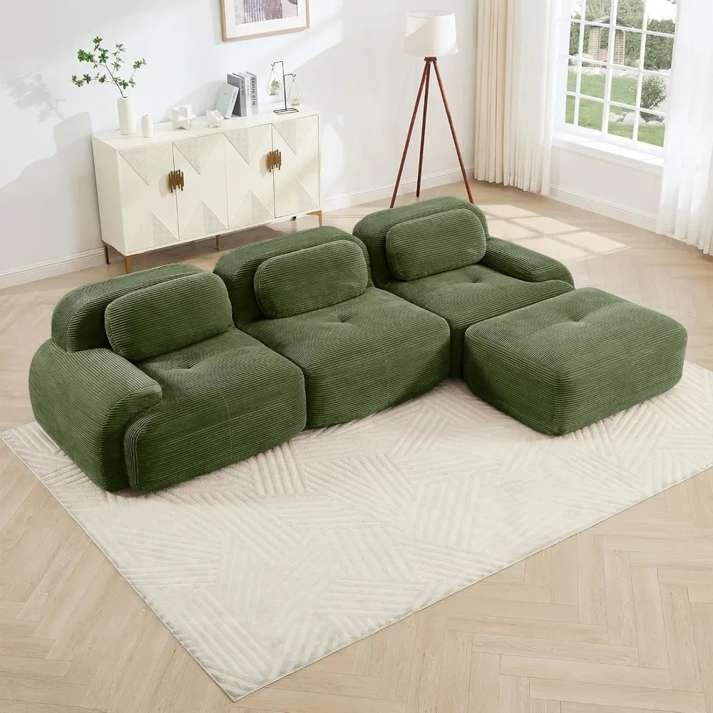 

117" Modern Corduroy Cloud Sofa with Ottoman, L Shaped Boneless Modular Large Sectional Couches for Living Room, Green 3 Seater