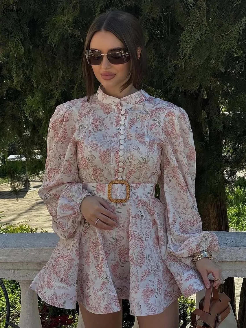 

Oymimi Fashion Pink Print Women's Dress Autumn O-Neck Long Sleeve Single Breasted Dresses Elegant High Waist A-Line Mini Dresses