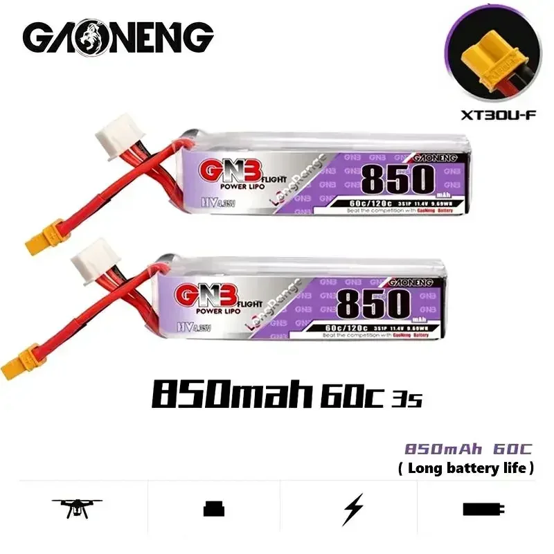 1/2 pçs gaoneng gnb 850mah 3s 11.4v 60c/120c hv lipo bateria xt30 plug para fpv racing drone 4 eixos uav quadcopter rc drone peças