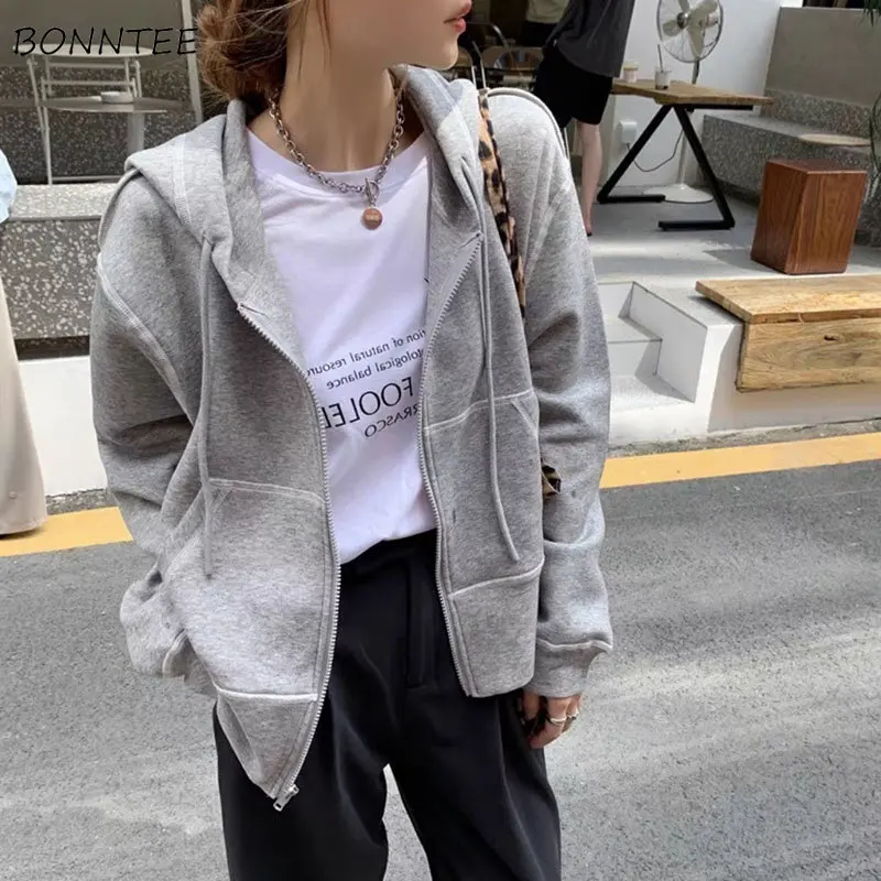 

Zip-up Hoodies Women Preppy Style Girls Fashion Solid All-match Loose Autumn Young New Basic Sporty Chic Minimalist Ulzzang Ins