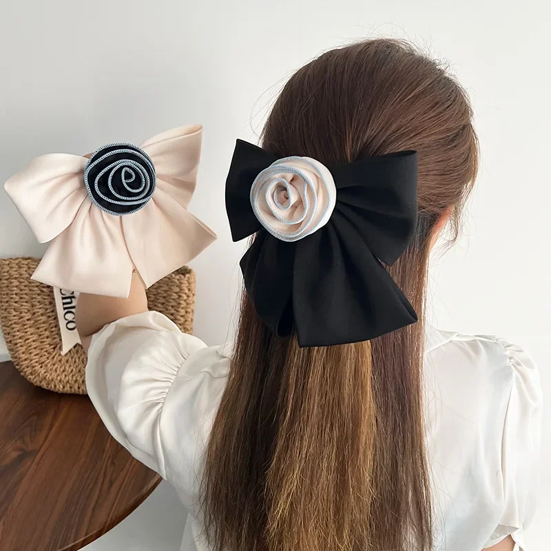 Elegant Ribbon Rose Flower Hair Clips for Women Bow Hairpins Barrettes Headpiece Wedding Party Headwear Korean Hair Accessories