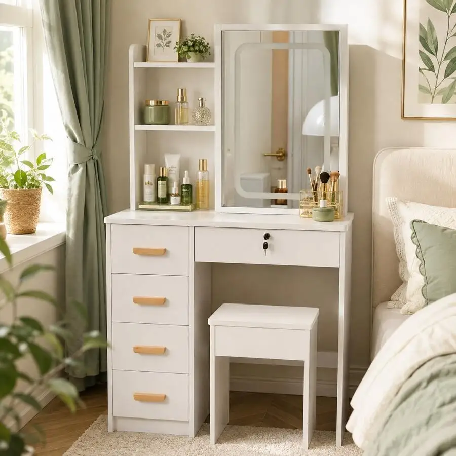 White Vanity Desk Set With Mirror & Cushioned Stool, 47.2'L * 15.7'W * 55.1'H, Makeup Dressing Table With 4‑Tier Storage Drawers