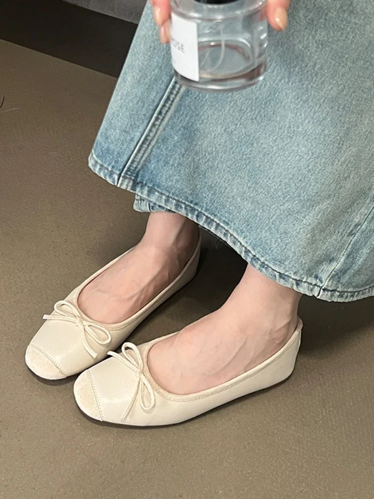 Women Gentle Bowknot Ballet Flat Shoes Korean Fashion Retro Elegant Round Toe Stiletto Pumps Autumn Dress Loafer Casual Shoes