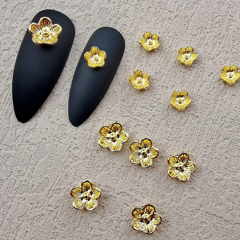 10 pcs Flowers Shaped Alloy Nail Art Charms Gold Metal Nail Studs DIY 3D Nail Decoration Accessories