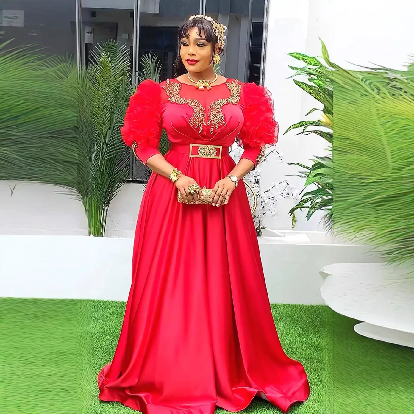 فستان نسائي أفريقي للحفلات المسائية فاخر بأكمام من الدانتيل وخصر عالي بالإضافة إلى حجم ثوب أنقرة ملابس زفاف فستان ماكسي إسلامي ترتر