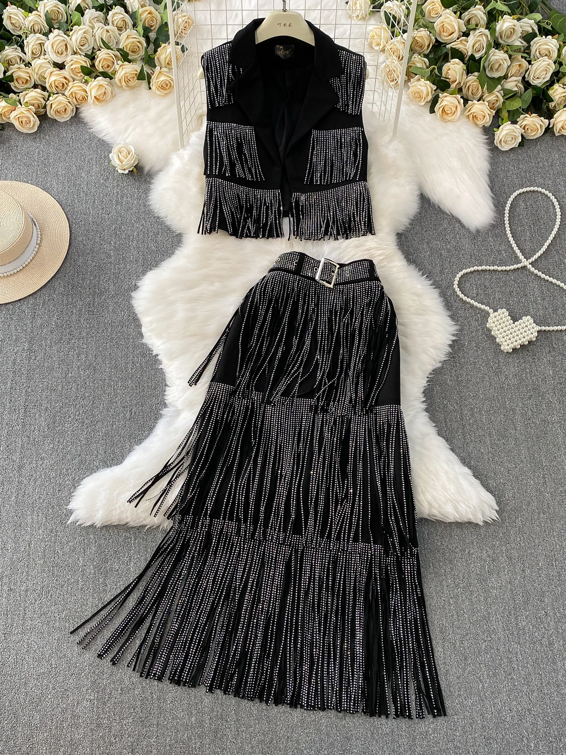 

Ele ort Svel Jaet And High Waist Skirt Set Heavy Embroidery Faionable V-ne Button Closure Two-piece Set