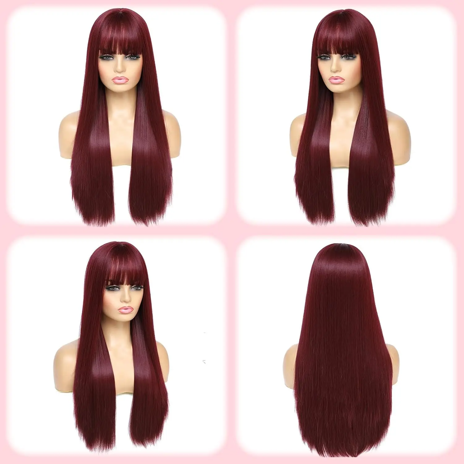 Синтетические парики винно-красного цвета, женские 26-дюймовые челки, натуральные длинные прямые волосы, повседневные вечерние косплей, чехлы на всю голову