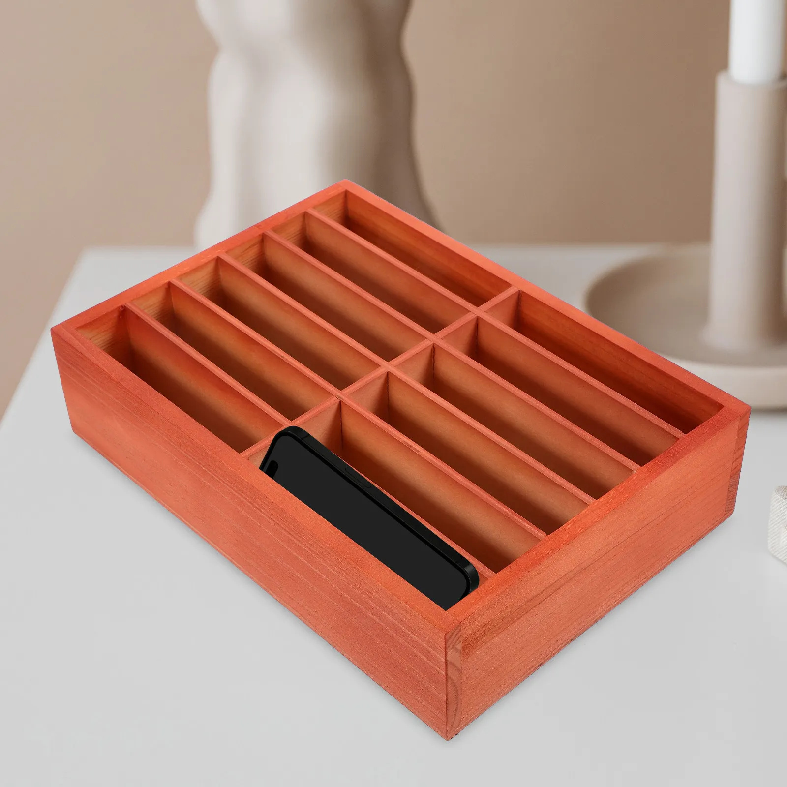 

Wooden 12-Grid Phone Storage Box Desktop Mobile Phone Holder Organizer Multi-Grid Wooden Case for Classroom Meeting Room Office