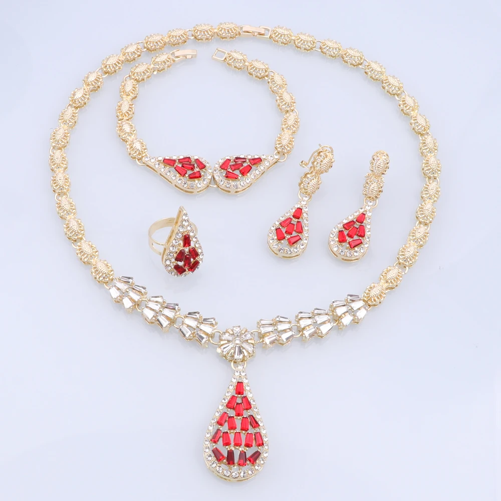 Italian Gold Color Jewelry Set Elegant Crystal Water Drop Necklace Earrings Ring Bracelet For Women Bride Party Accessories