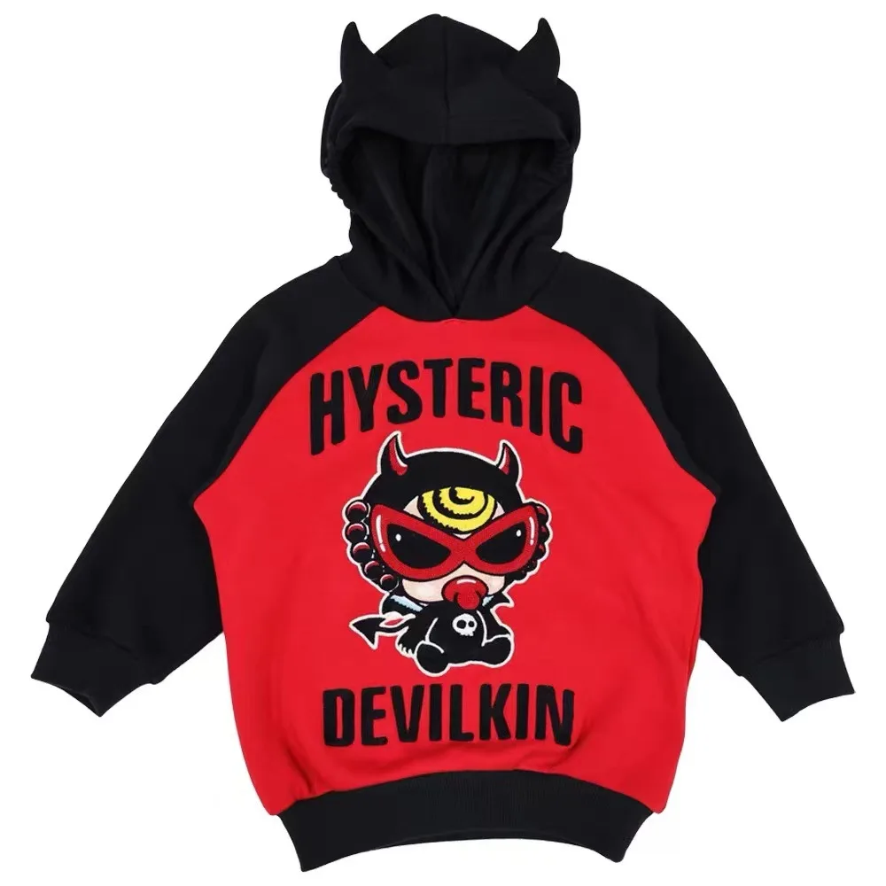 2024 Autumn and Winter Trendy Brand Children\'s Clothing Black Super Devil Pattern Children\'s Fleece Sweatshirt Set