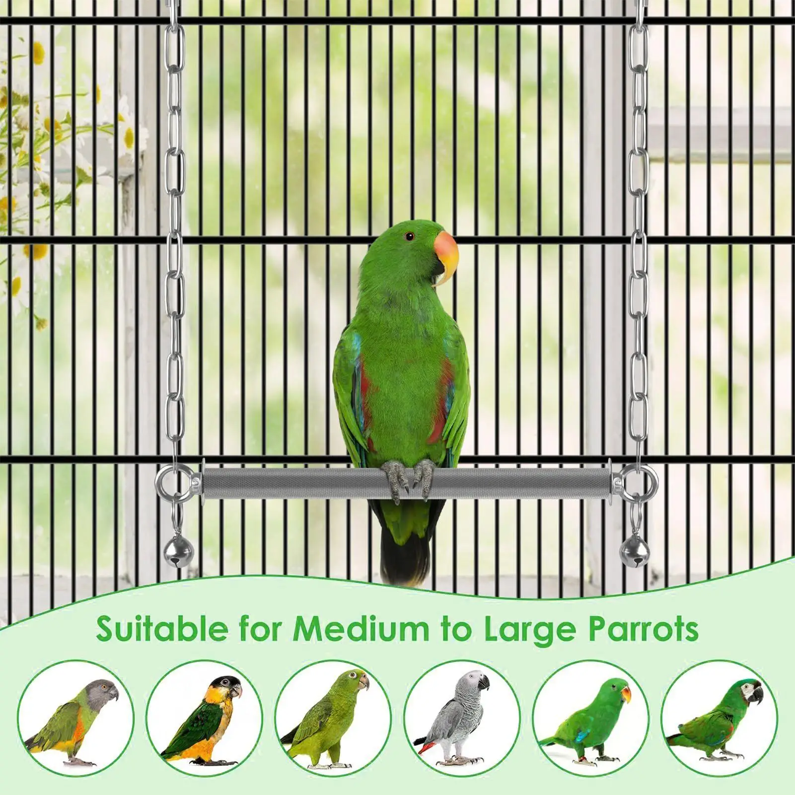 

Bird Swing Stainless Steel Large Perch Cockatiel Swing With Bell For Conure Cockatiel Lovebird Canary Macaw Afican Grey Cockatoo